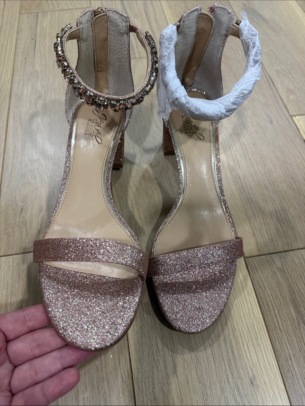 Badgley Mischka Ankle-Strap Glitter Block Heel Sandals in Rose Gold